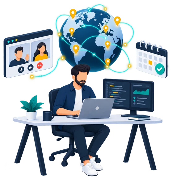 Illustration of a remote developer at his desk, connected to clients worldwide by video calls and a globe of client locations