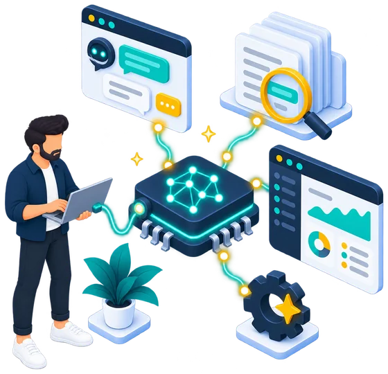 Illustration of an AI chip connected to a chat assistant, document search, a business dashboard and automation, wired in by a developer