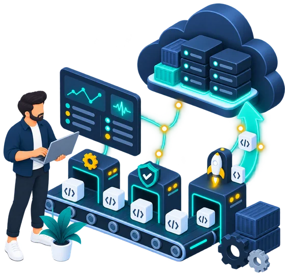 Illustration of a CI/CD pipeline carrying code through build, test and deploy stations into the cloud, with a developer and a monitoring panel