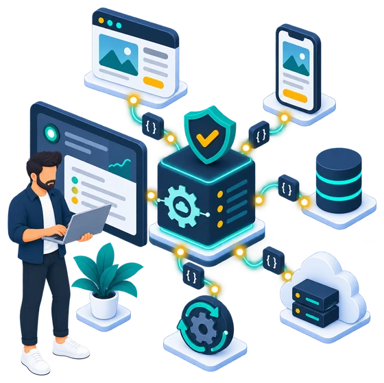Illustration of an API gateway connecting a web app, mobile app, database, cloud servers and background jobs, monitored by a developer