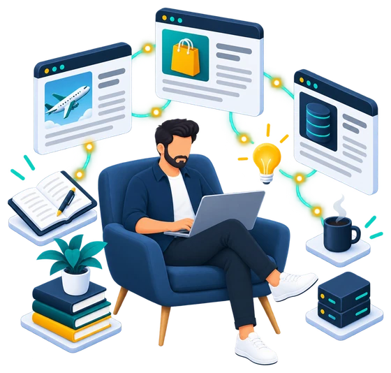Illustration of a developer writing on a laptop, surrounded by article cards about travel booking, online stores and databases