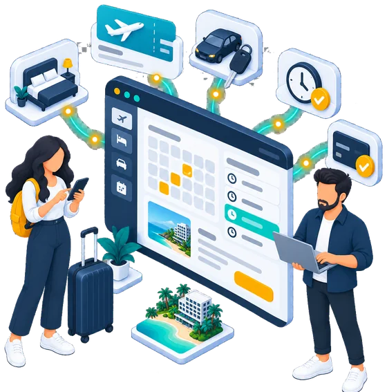 Illustration of a traveller booking on her phone while a developer runs the booking system: calendar linked to hotel, flight, car rental, appointment and payment
