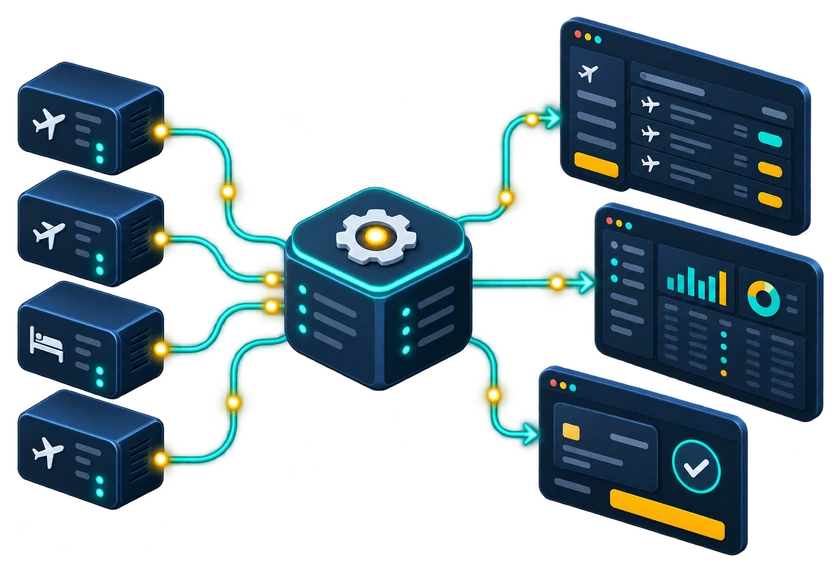 Diagram: four GDS and hotel supplier connections feed one booking engine, which powers flight search results, an admin dashboard and payments with refunds