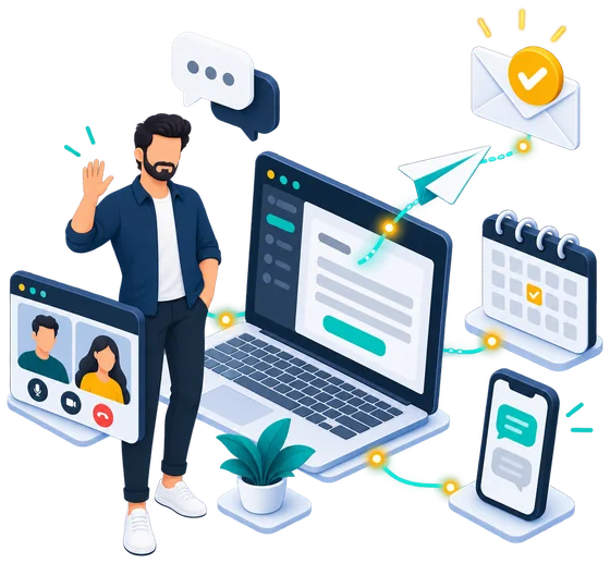Illustration of a developer waving beside a laptop, with a message flying to an envelope, a booked call on a calendar and chat bubbles