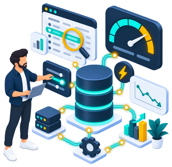 Illustration of a developer tuning SQL Server performance: a database stack, a speed gauge in the fast zone and a highlighted query row