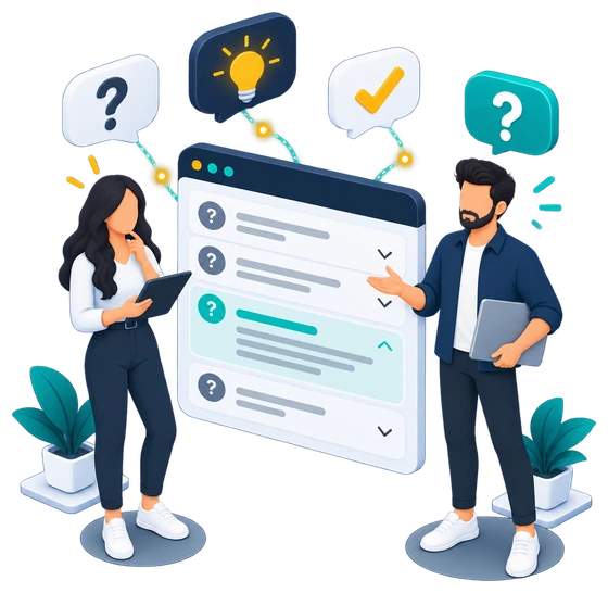 Illustration of a client and a developer beside a list of questions, with question marks turning into a lightbulb and a checkmark
