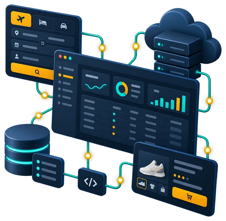 Illustration of connected systems: a travel booking search, an admin dashboard, an online store, a database and cloud servers linked by APIs