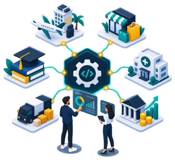 Illustration of one software hub connected to travel, e-commerce, healthcare, finance, logistics and education