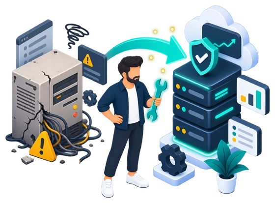 Illustration of a developer modernising a cracked legacy server into a clean, secure modern system