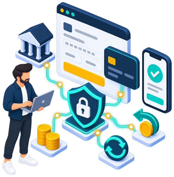 Illustration of a secure checkout protected by a padlock shield, connected to a bank, payments, subscriptions and refunds
