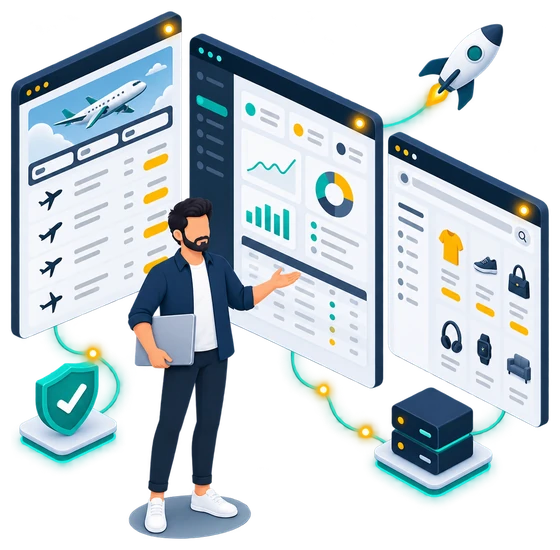 Illustration of a developer presenting three live applications: a flight booking screen, an admin dashboard and a product catalogue