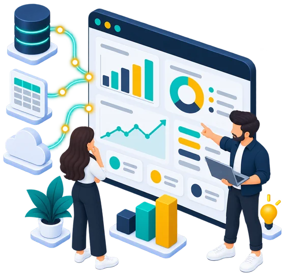 Illustration of a business analytics dashboard fed by a database, spreadsheet and cloud, reviewed by a client and a developer