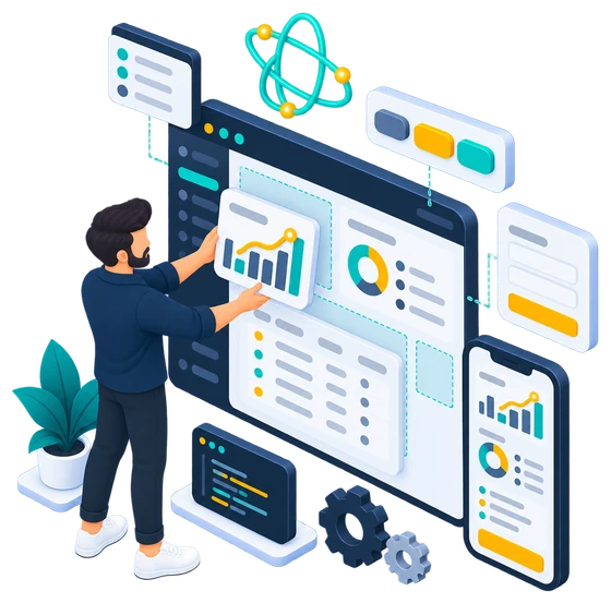 Illustration of a developer assembling a web app dashboard from UI component blocks, with a matching responsive phone view