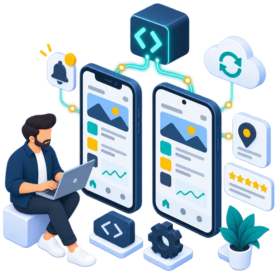 Illustration of one codebase powering the same app on two smartphones, with notifications, location, cloud sync and ratings
