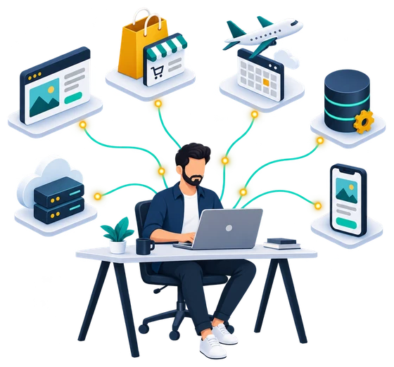 Illustration of one developer at a laptop connected to website, online store, travel booking, database, cloud and mobile app services