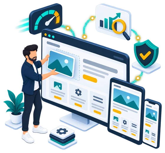 Illustration of a developer building a responsive website shown on desktop, tablet and phone, with speed, SEO and security badges